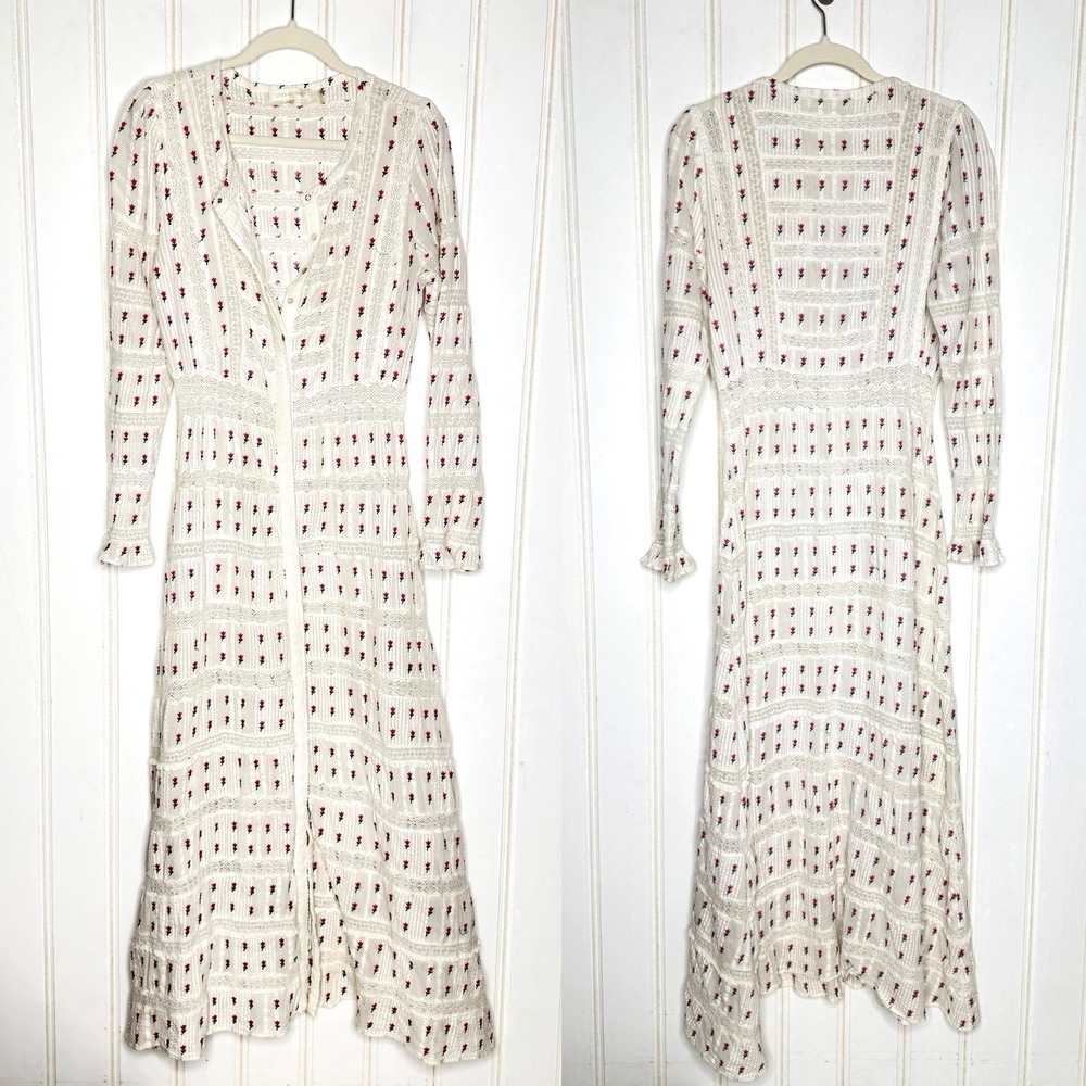 LoveShackFancy Fabiana White Floral Embroidered Lace Cotton Maxi Dress Size 4 - Picture 3 of 10